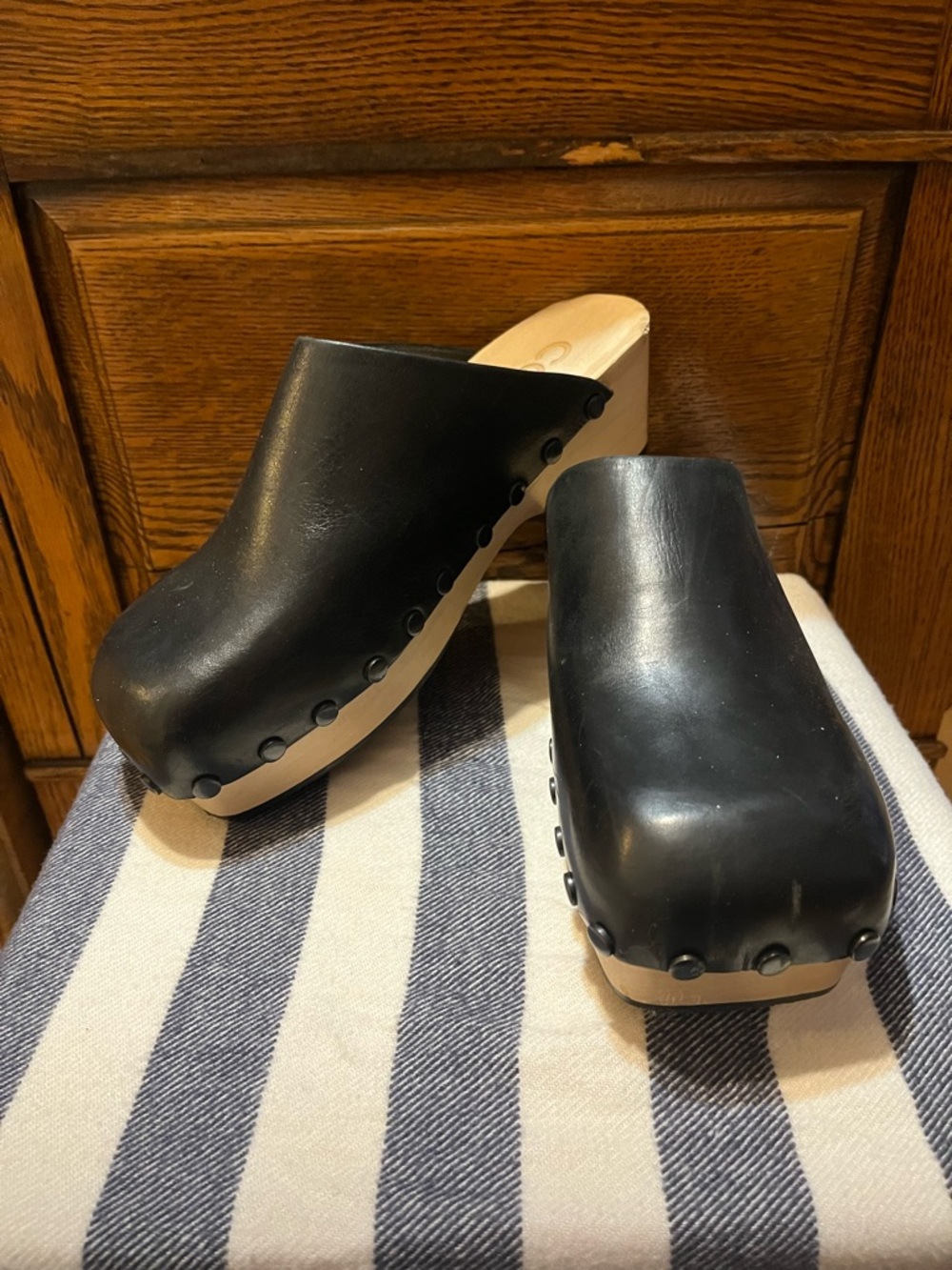 COS Napa Leather Square Toe Moulded Clogs Wooden Sole Stud Black US 7
